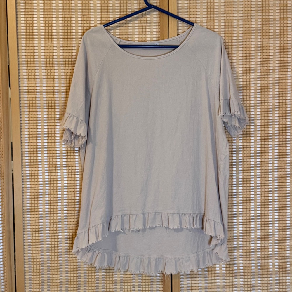 Hawalili Linen Cotton Blend Ruffle Hem Top Beige Short Sleeve Blouse Large